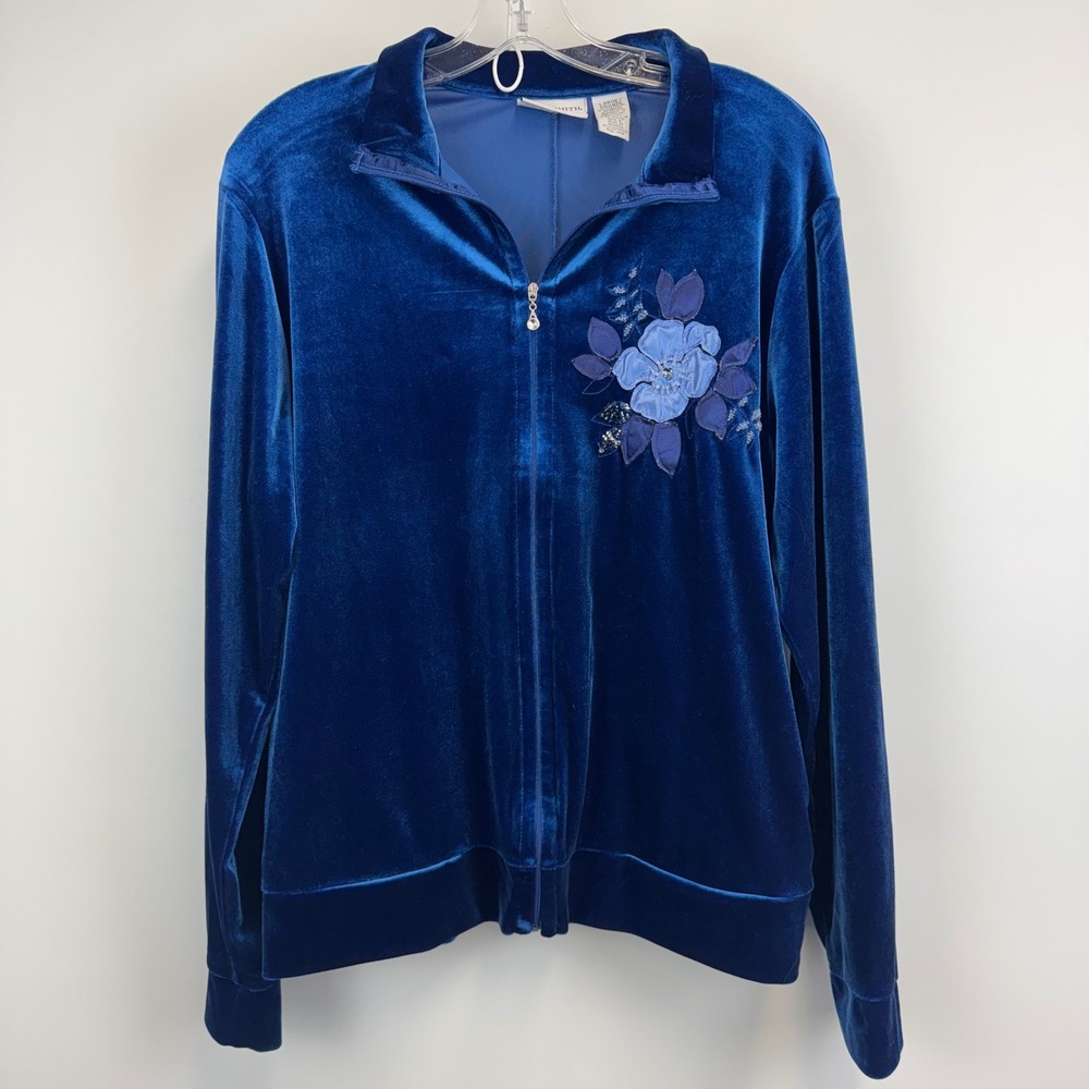 Jaclyn Smith Womens Blue Velour Zip Up Track Jacket Floral Applique Large 5806